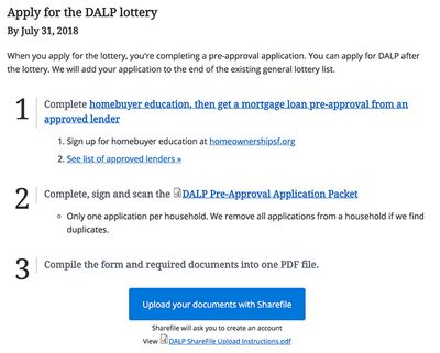 Instructions for applying for the DALP lottery, starting with completing homebuyer education.