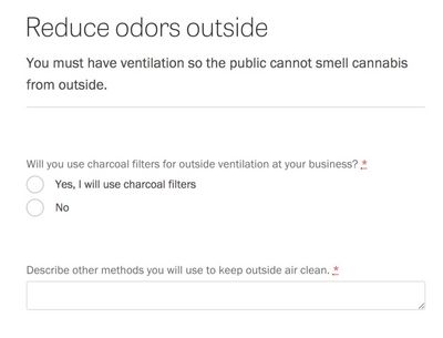 Question from the cannabis form, titled, 'Reduce odors outside.' The question asks if the business will use charcoal filters for outside ventilation. And if not, to describe other methods to keep outside air clean.