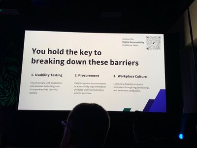 Slide titled 'You hold the key to breaking down these barriers: Usability testing, procurement, workplace culture.'