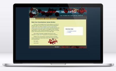 A website with a dark blue background and yellow main body with tabbed navigation across the top. The website has been vandalized with blood and HA HA HA splattered around it.