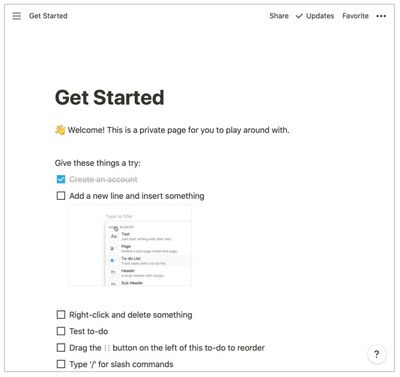 A “Get Started” page in Notion, explaining it’s a private page, including a checklist encouraging them to use features.