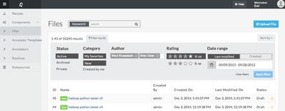 High fidelity mockups showing search filters for status, category, author, rating, and date range.