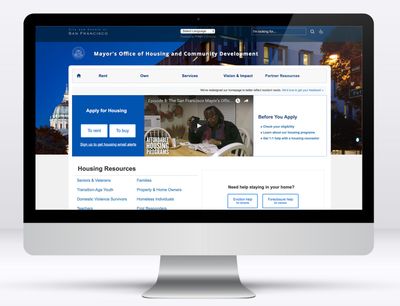 A homepage using high-contrast blue and white with the San Francisco city seal, featuring "Apply for Housing" and "Before You Apply" sections, over a hero image of City Hall lit up at night.