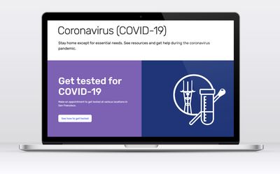 The top of the COVID-19 topic page on SF.gov, with a purple spotlight mentioning getting tested for COVID-19, with a blue and white outlined icon of a swab, a tube, and Sutro Tower.