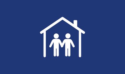 A white icon of two figures holding hands inside a house, against a dark blue background.