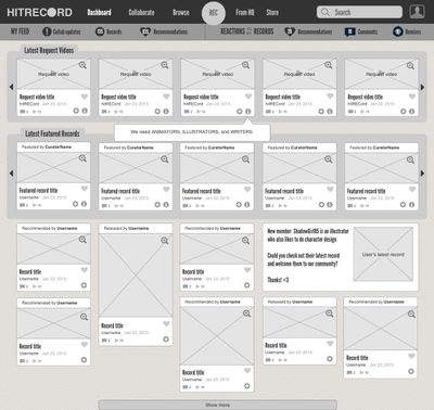 Grayscale wireframe showing a video/image dashboard, with several rows of featured video/image sections.