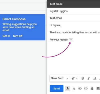 A bright blue Smart Compose tooltip that says “Writing suggestions help you save time when drafting an email” pops up next to a Gmail compose screen, where a light gray “tab” prompt encourages them to try it.