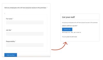 A before and after of the staffing question, where multiple free text fields per person was replaced with an upload field.