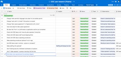 Airtable base featuring a table of fixes, along with tables of insights, observations, interviews, contact, applications, and quotes.