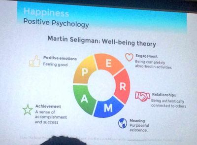 A donut chart depicting Martin Seligman's well-being theory, including positive emotions, engagement, relationships, meaning, and achievement.