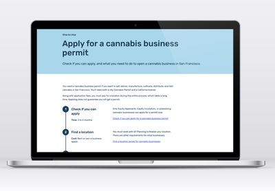 A process page titled "Apply for a cannabis business permit" with a description and distinct steps starting with "Check if you can apply."