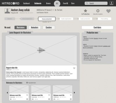 Grayscale wireframe showing a general timeline above a video thumbnail, with a sidebar showing production news.