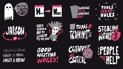 A pink, black, and white hand-drawn illustration of the writer training tips.