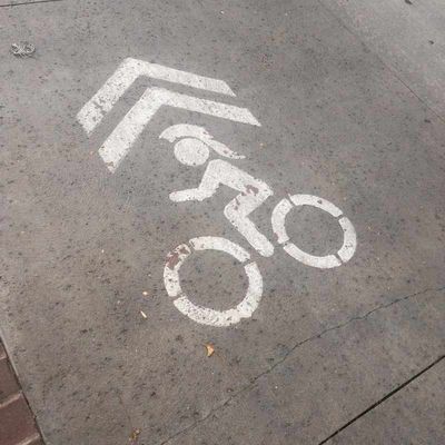 A bike lane sign on the street where the icon of the cyclist is wearing a USC Trojan helmet.