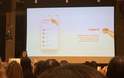 A slide showing the Requests screen of her app, with the caption, “Need just a dash of something? Submit a request. Return the favor by browsing what’s needed in your communities.”